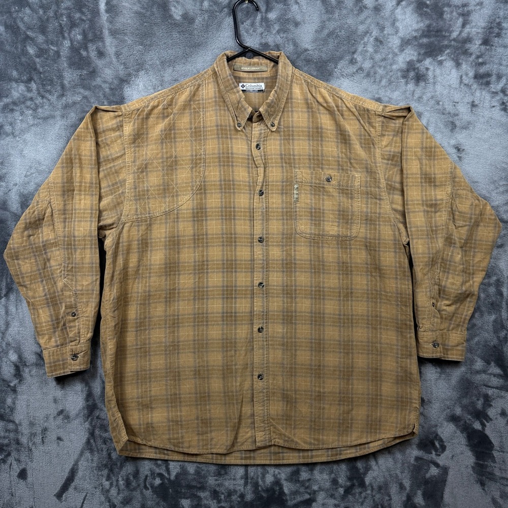 Columbia Button Down Shirt Mens XXL Brown Plaid River Lodge Shooting Patch